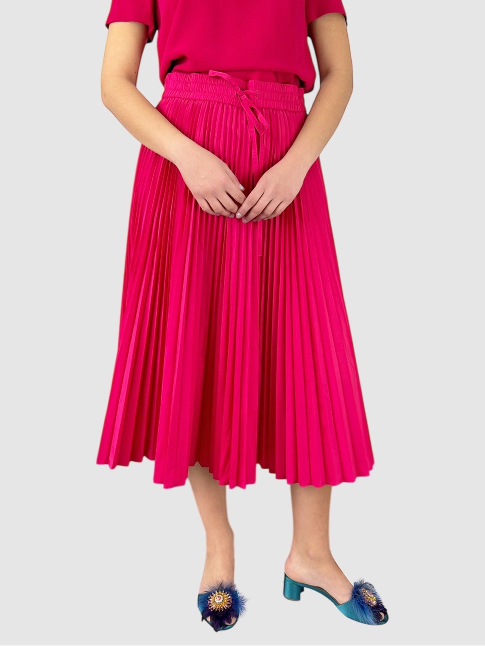 RED VALENTINO Pleated Midi Skirt in Bright Fuchsia  Pink Size Italy 44 US Large
